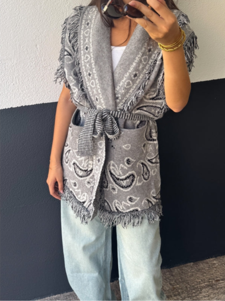 Mode frange imprimé tricoté gilet pour femmes décontracté sans manches cravate taille poches Cardigan manteau dame 2025 automne Chic vêtements d'extérieur