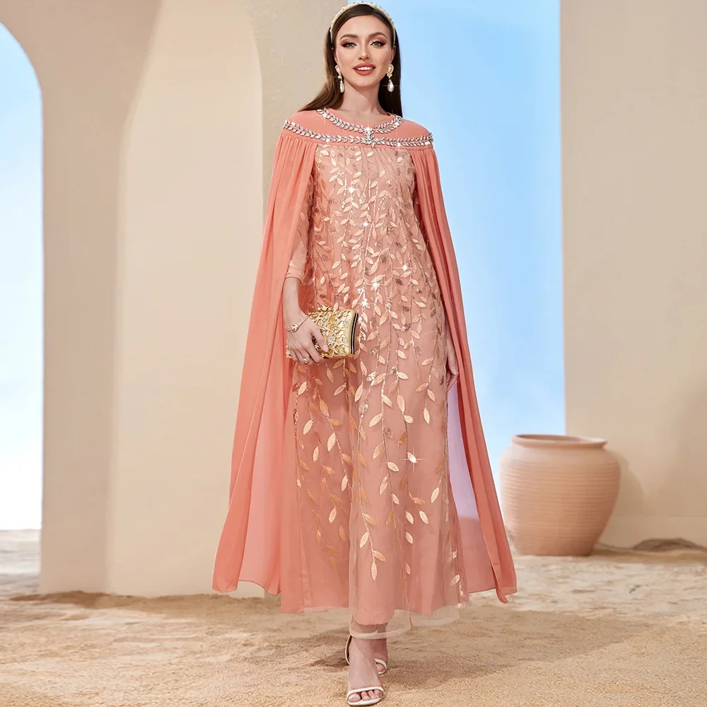 Abaya musulman brodé à motif de feuilles, Cape à la mode pour femmes, dubaï, turquie, faux deux robes, vêtements islamiques pour femmes, robe longue musulmane