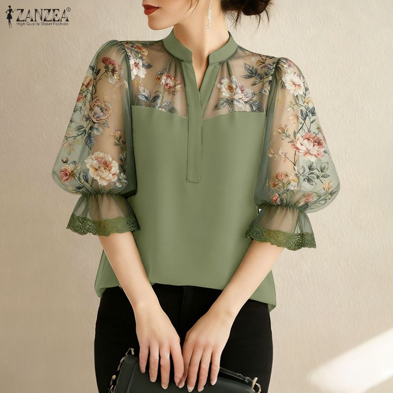ZANZEA femmes élégantes Blouses imprimé fleuri en mousseline de soie Patchwork hauts mode col en v 3/4 manches bouffantes dentelle garniture femme vêtements S-3XL