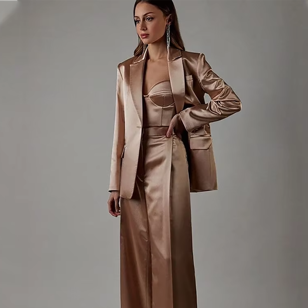 Costume pantalon en Satin à la mode, ajusté régulier, revers à pointe, tenue professionnelle Chic, bouton unique, ensemble Blazer formel pour dame de bureau