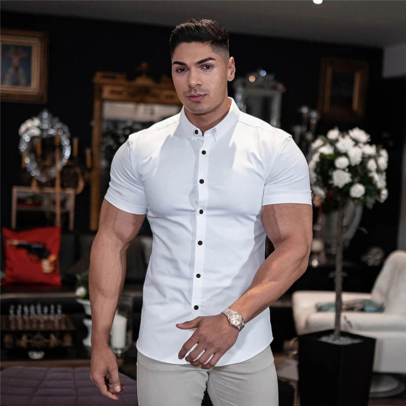 Chemise à manches courtes pour hommes, vêtements d'été, boutons de gymnastique, Fitness, chemises à manches courtes, mode décontractée, Streetwear, Hipster Social