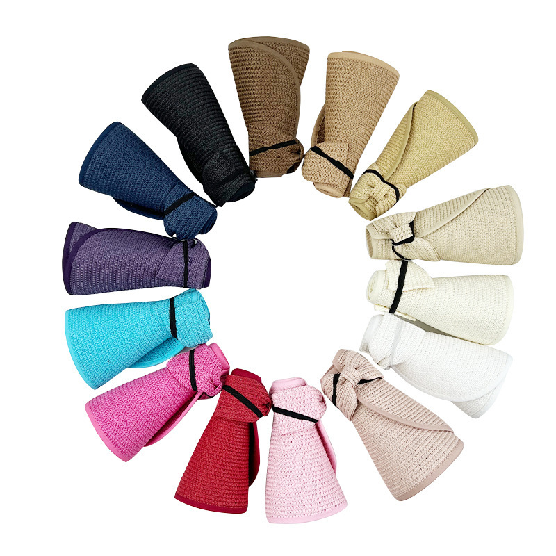 Nouveau femmes été visières chapeau pliable large grand bord nœud papillon vide haut chapeaux de paille chapeau femme plage Protection UV casquettes