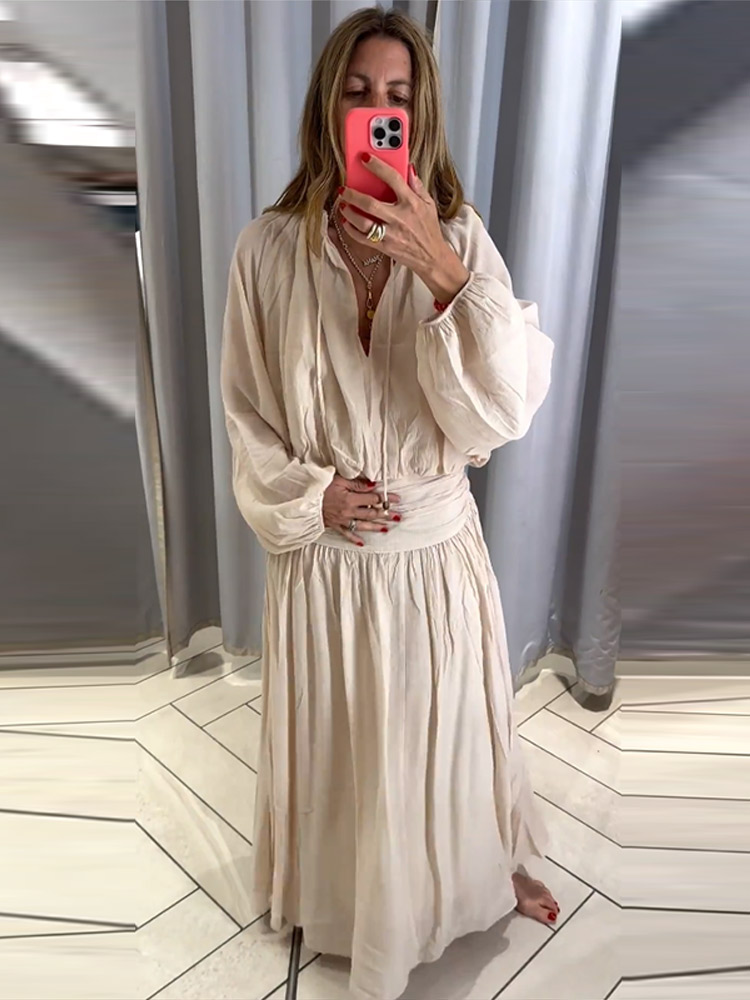 Ensemble élégant pour femme : Haut à manches longues avec lacets et jupe longue plissée taille haute – Collection été-automne 2026 – Tenue décontractée deux pièces pour femme