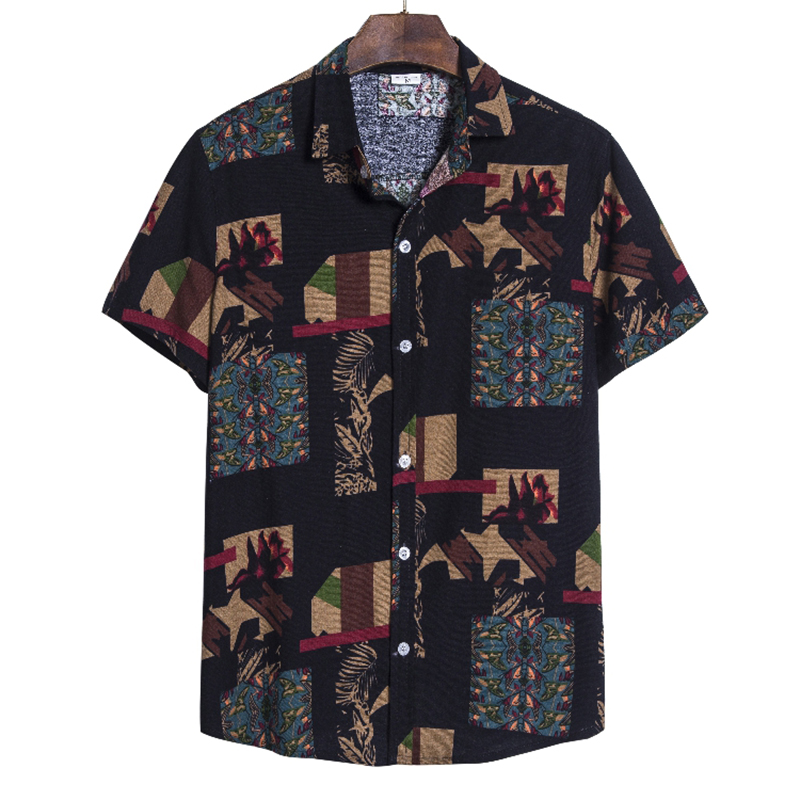 Chemise à manches courtes pour homme en coton et polyester, motif géométrique bohème 3D, style plage hawaïen, haut décontracté