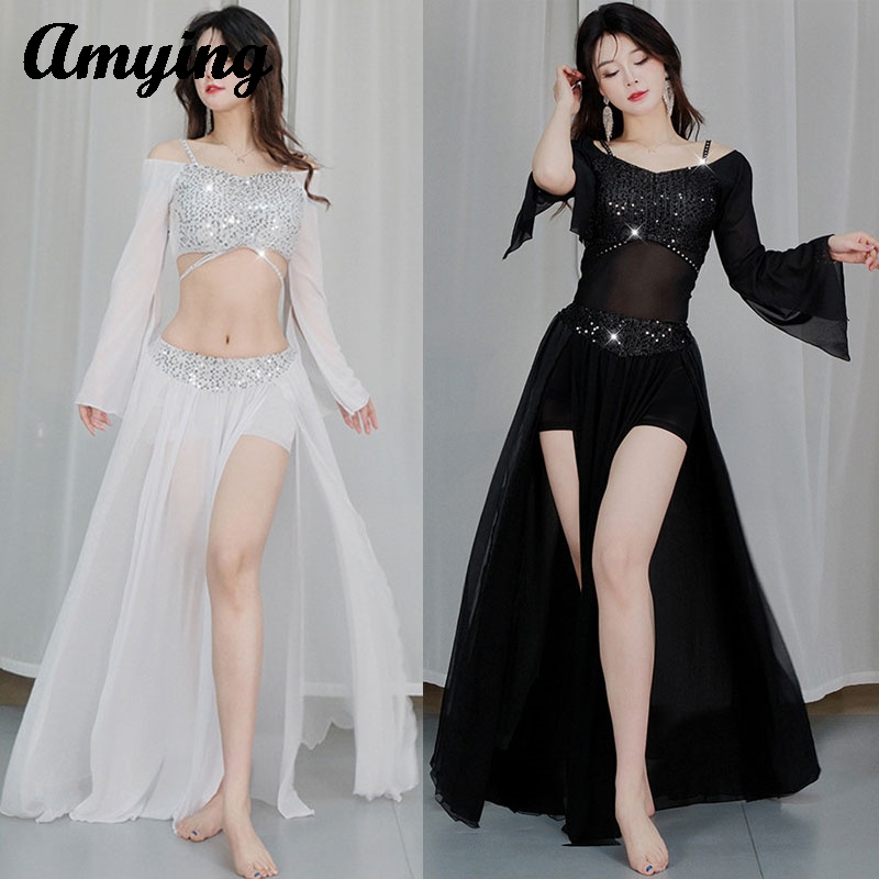 Ensemble de costumes de danse du ventre, nouvelle maille à paillettes, Costume de spectacle sur scène, jupe longue de danse orientale, vêtements d'entraînement pour la pratique de la danse
