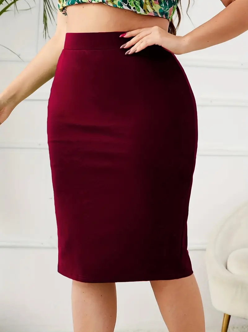 Jupe slim unie grande taille, jupe fendue taille haute décontractée, vêtements grande taille pour femmes, été