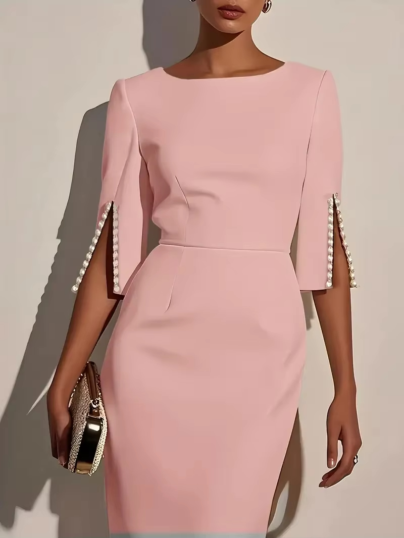Robe mi-longue élégante pour femmes, couleur unie, col rond, demi-manches, décorée de perles, coupe cintrée