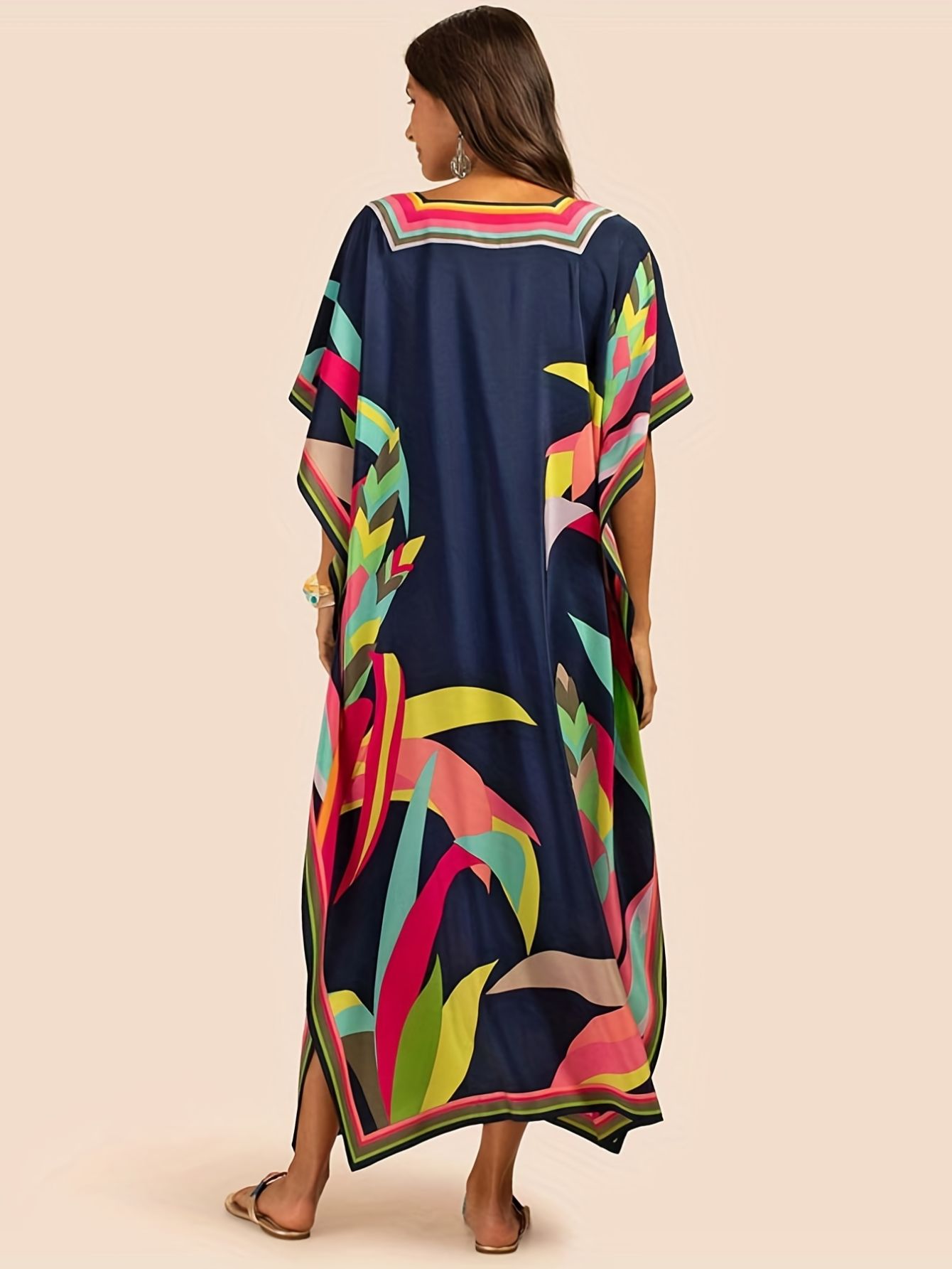 Robes Kaftan pour Femmes Grandes Tailles, Cache-maillot de bain, Robe à col en V et manches chauve-souris, Coupe ample, Caftan Marocain, Robes Mumu