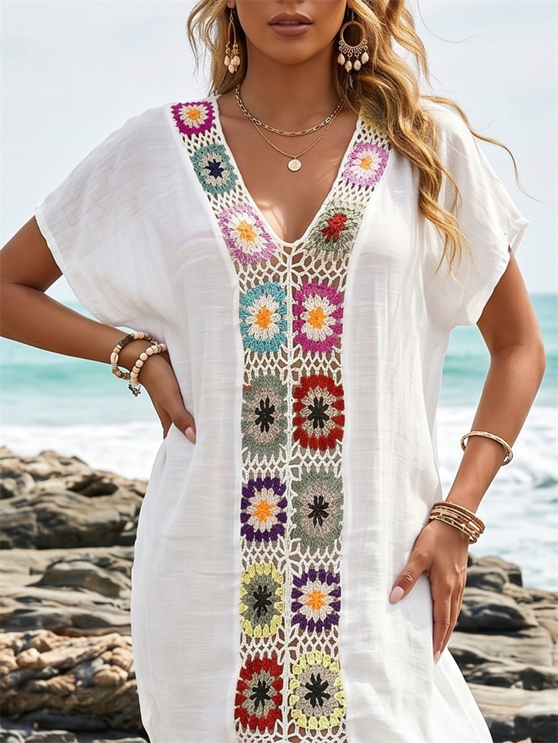 Robe de plage en crochet style bohème, kaftan long à fente, col en V, manches courtes, grande taille, pour vacances, plage, piscine, vente en gros