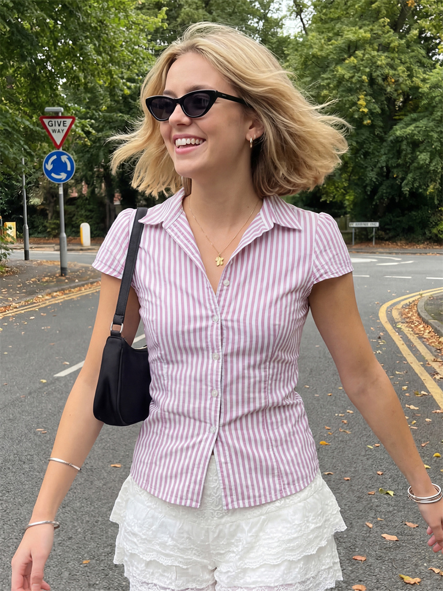 Chemisier boutonné uni à manches courtes pour femme, coupe ajustée, col à revers, froncé, style streetwear, été 2026