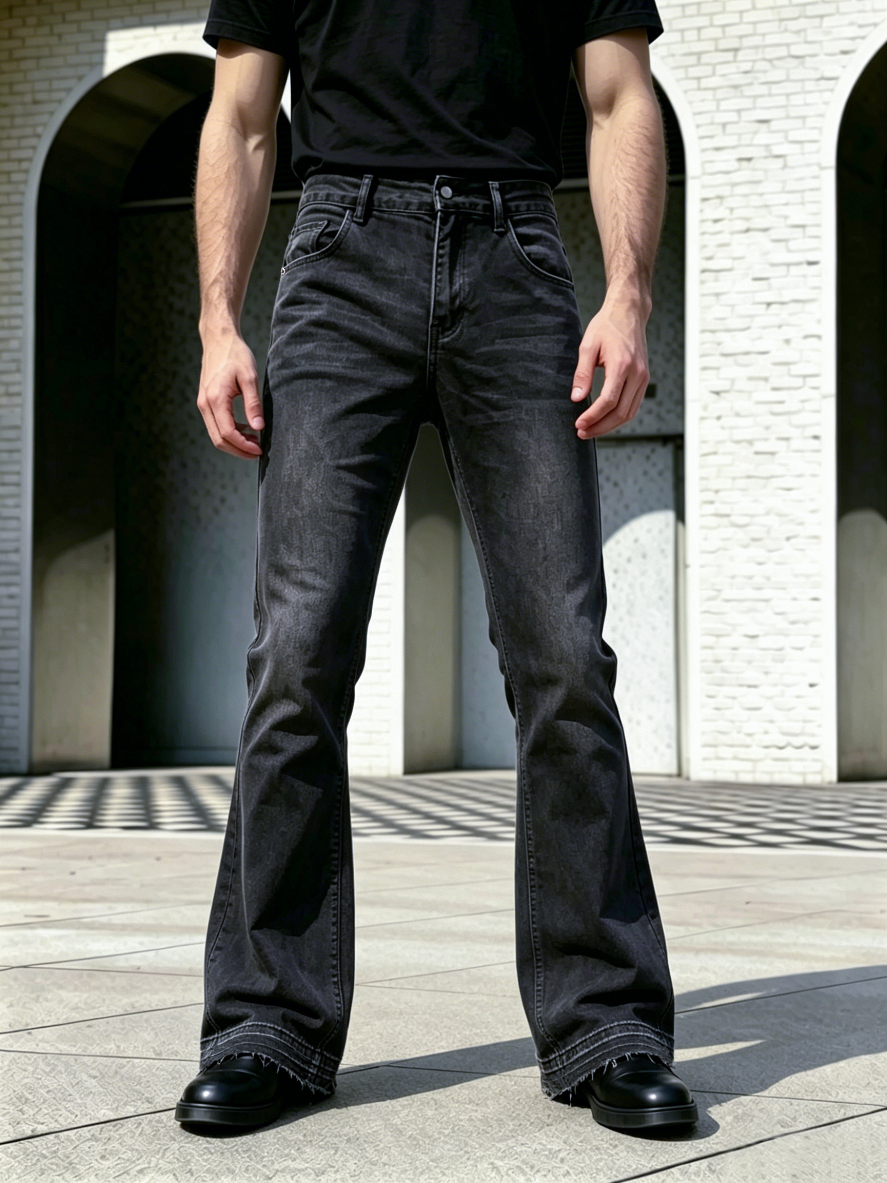 Pantalon en jean pour homme, coupe bootcut évasée, noir délavé, ourlet effiloché