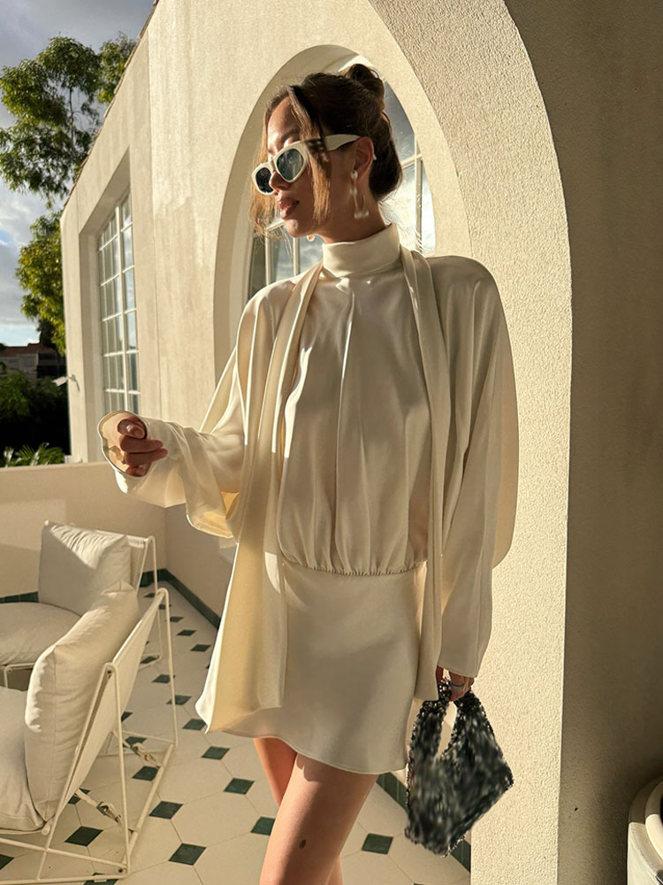 HH femmes mode soie Satin Texture écharpe conception nœud papillon robe femme élégante Simple col haut à manches longues tenue décontractée Mujer