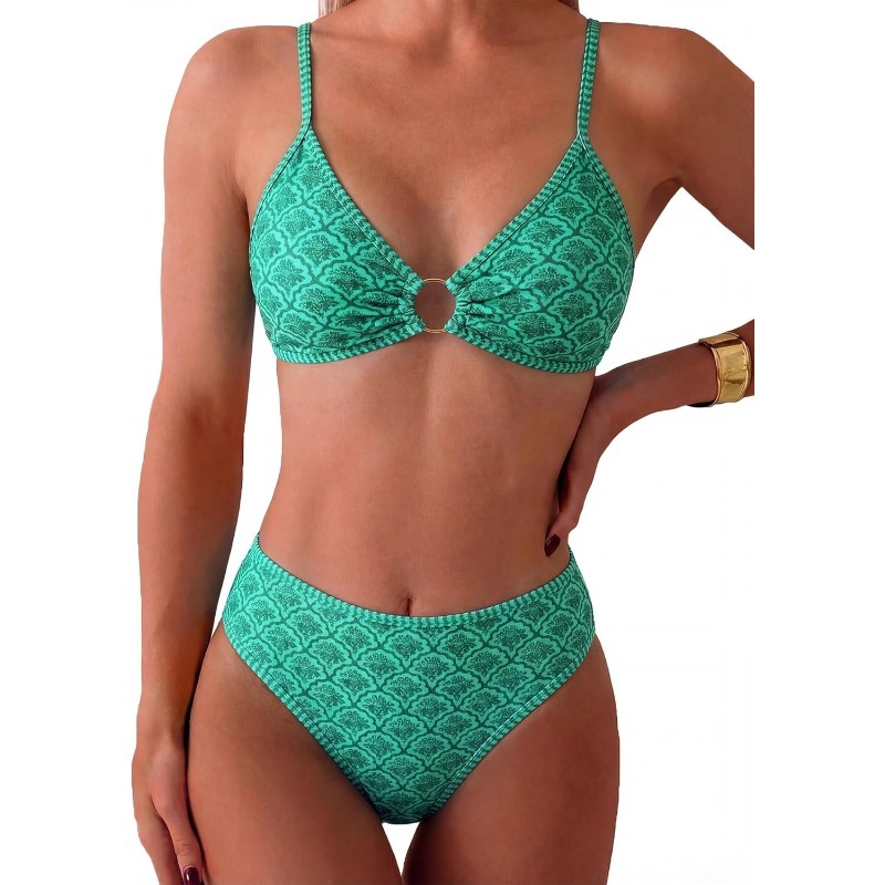 Ensembles de bikinis deux pièces pour femmes, haut à anneau en O, maillots de bain triangle à motif floral, mode été, tenue de plage deux pièces, maillot de bain