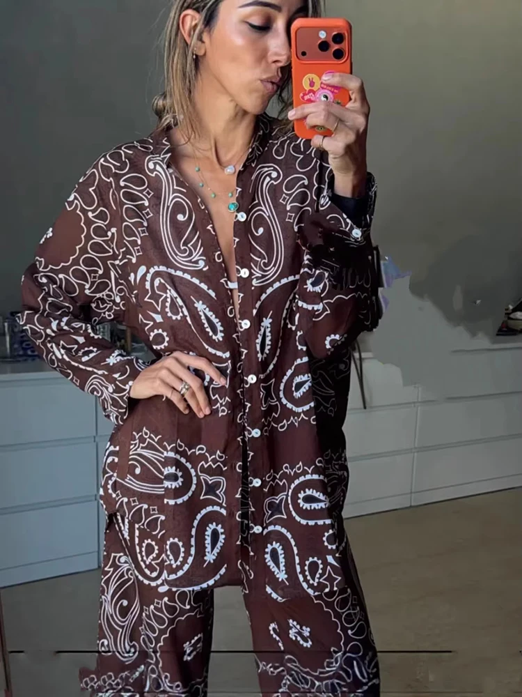 Ensemble deux pièces imprimé pour femme : chemisier à manches longues et pantalon, tenue décontractée pour les vacances