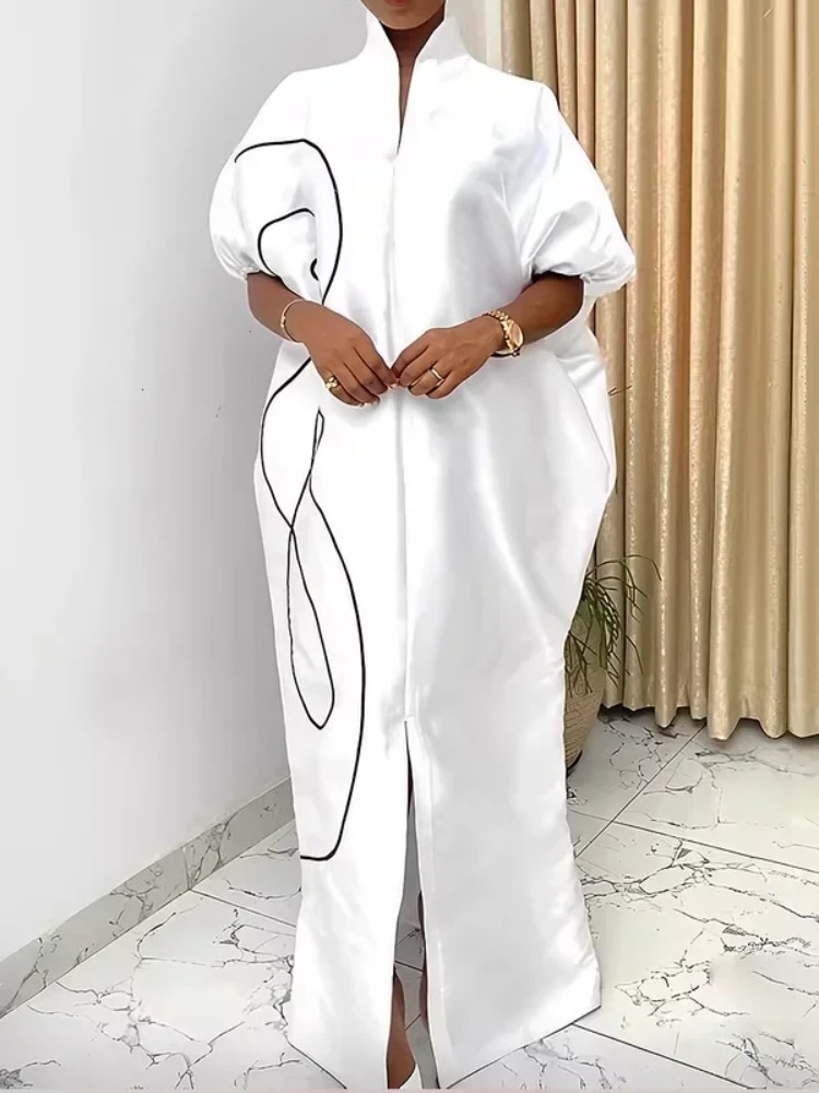 Robe Kaftan Musulmane Élégante et Modeste pour Femme 2026 Nouvelle Collection – Imprimé Abstrait, Manches Bouffantes Amples, Col Montant, Robe Longue de Soirée