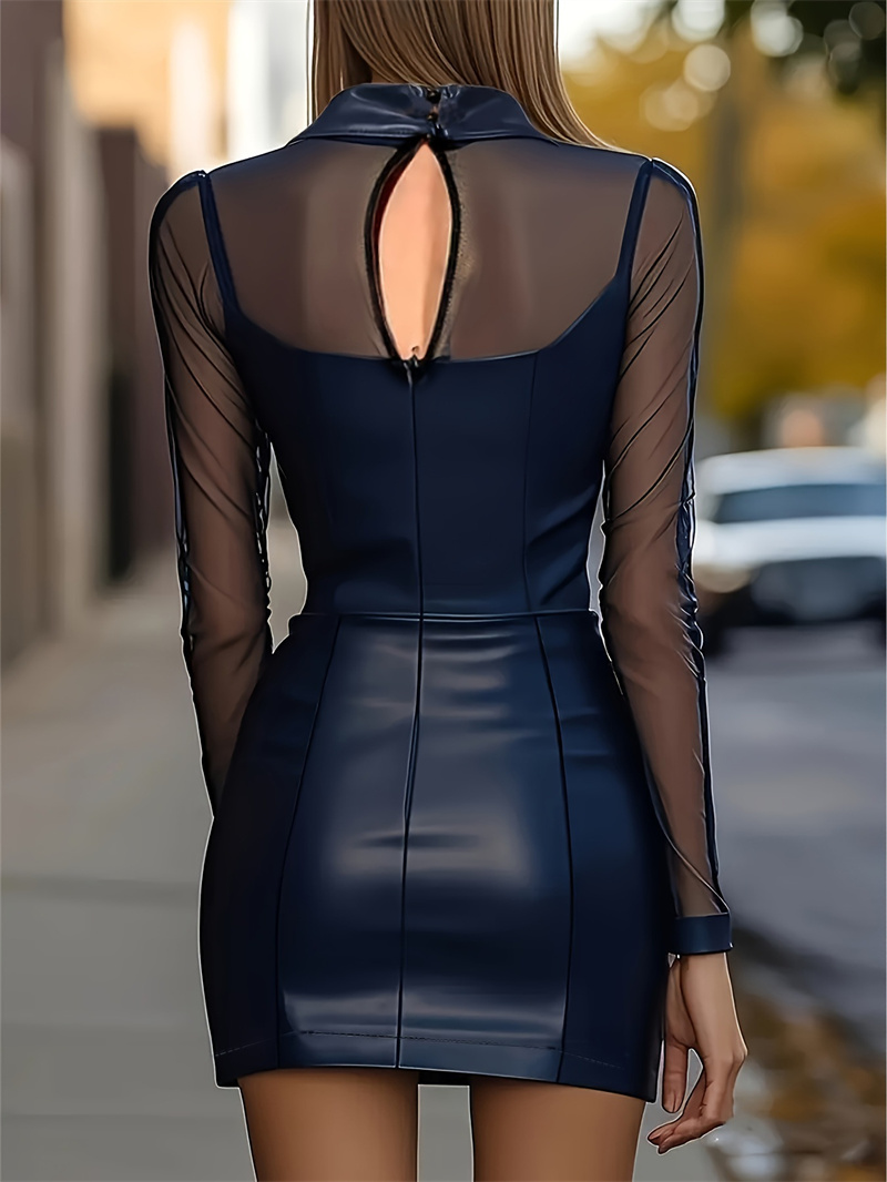 Robe moulante noire à manches longues pour femme, col montant, patchwork en PU et maille, mini-robe sexy taille haute, tenue de soirée