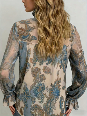 Nouvelle Collection Printemps 2026 : Blouse en Chiffon Imprimé Paisley Rétro avec Col Montant à Volants, Manches Évasées à Nouer, Top Transparent, Vêtements Grande Taille pour Femme, Idéale pour le Travail et les Vacances