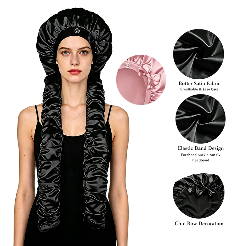 Bonnet de nuit en satin pour femmes, bonnet de sommeil pour cheveux tressés à longue queue, couvre-chef, bonnet de douche pour sauna et bain.