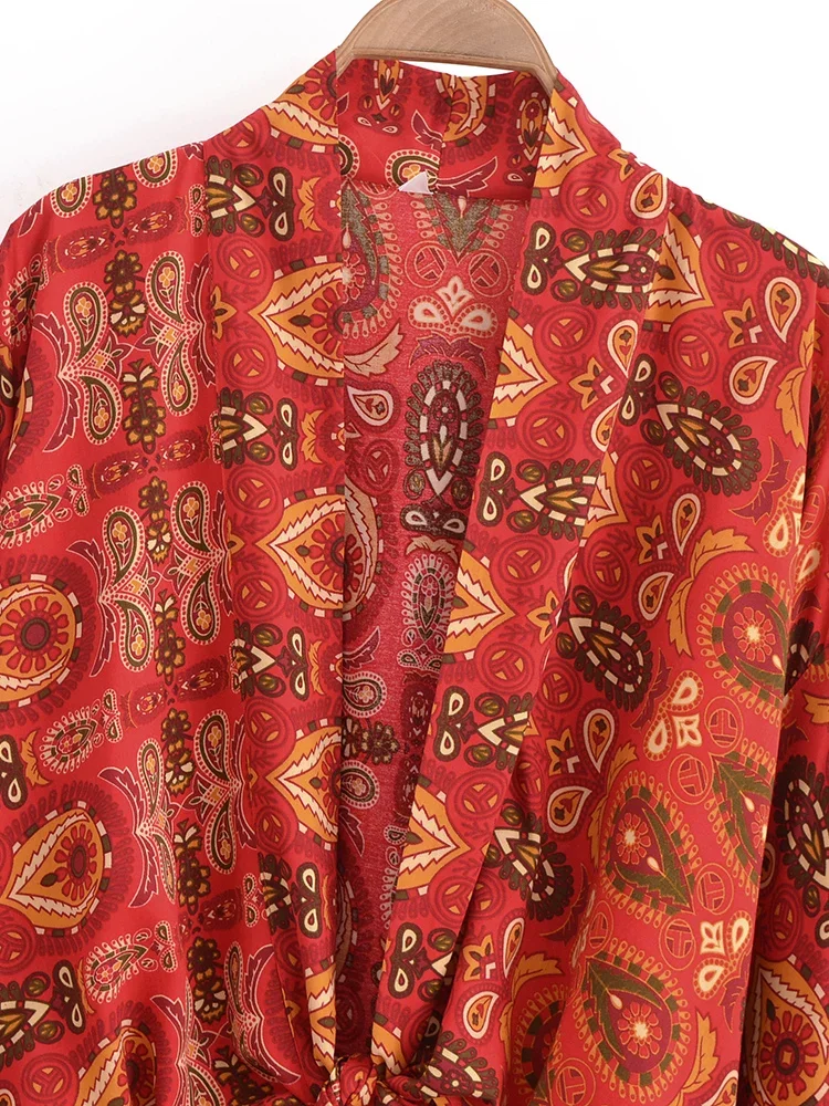 Boho Dinner ens-Robe courte pour femmes, maillots de bain kimono, rouge floral, manches chauve-souris, rayonne, bohème, bikini, couvertures, vêtements de plage, mode