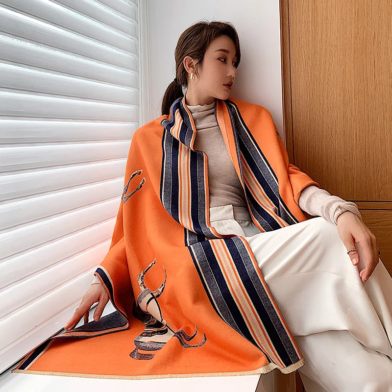 Écharpe en cachemire pour femme, Pashmina chaud, Foulard Lady Horse, Optique féminine, Châles doux, Wraps, Couverture, Marque de luxe, Hiver