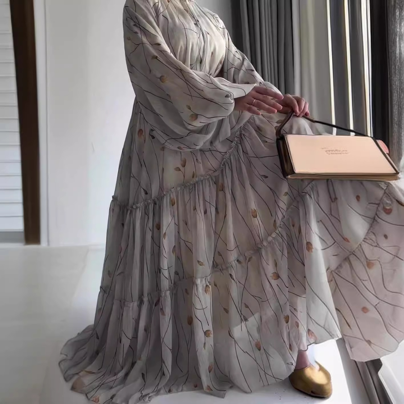 Robe longue à manches longues bouffantes pour femmes, robe trapèze décontractée, col rond, maxi à lacets, taille serrée, imprimé floral, épissure élégante, robe éducative