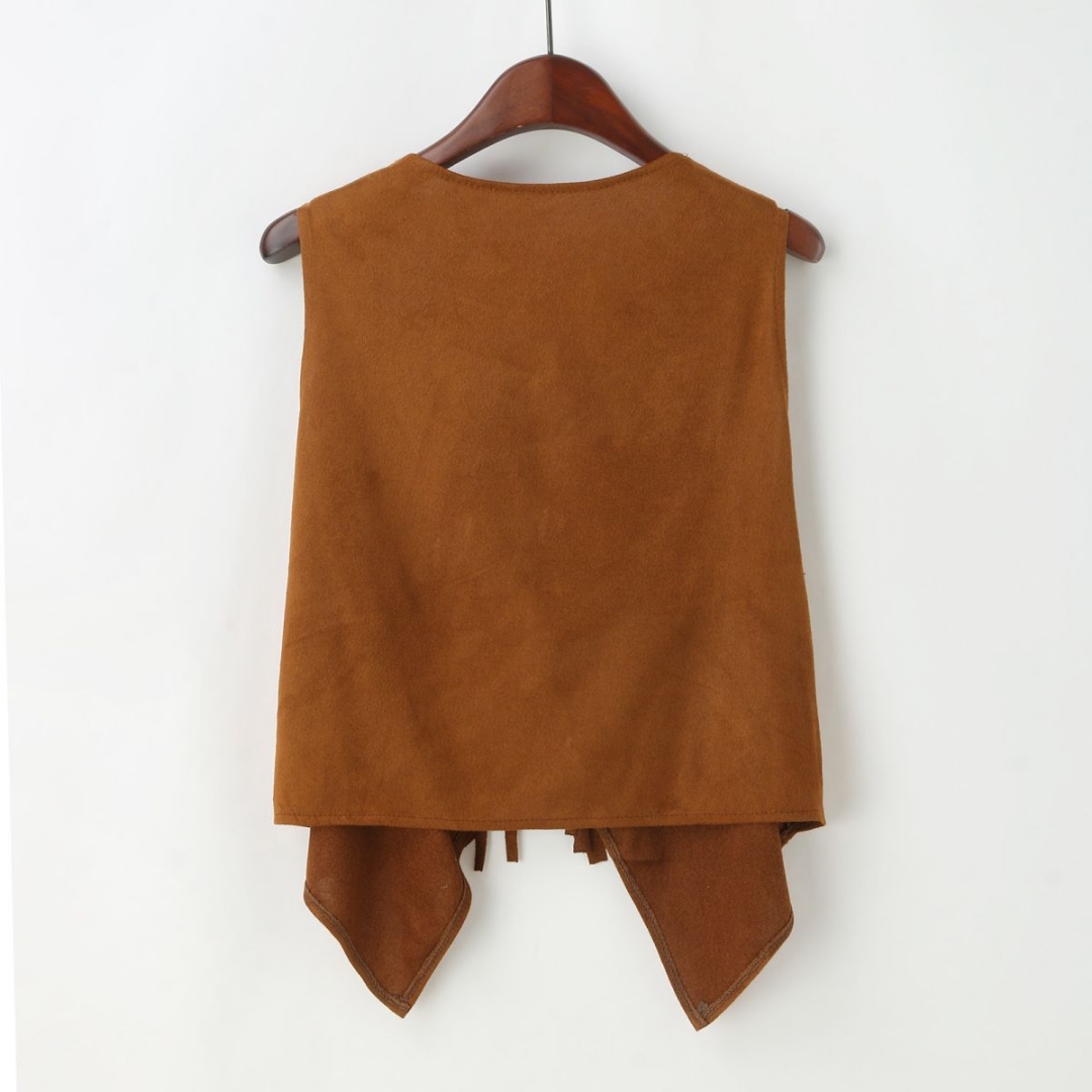 Veste en faux daim pour femme, cardigan ouvert sur le devant, gilet de cow-girl vintage, glands à franges, hippicopter, fibre ethnique, rivet