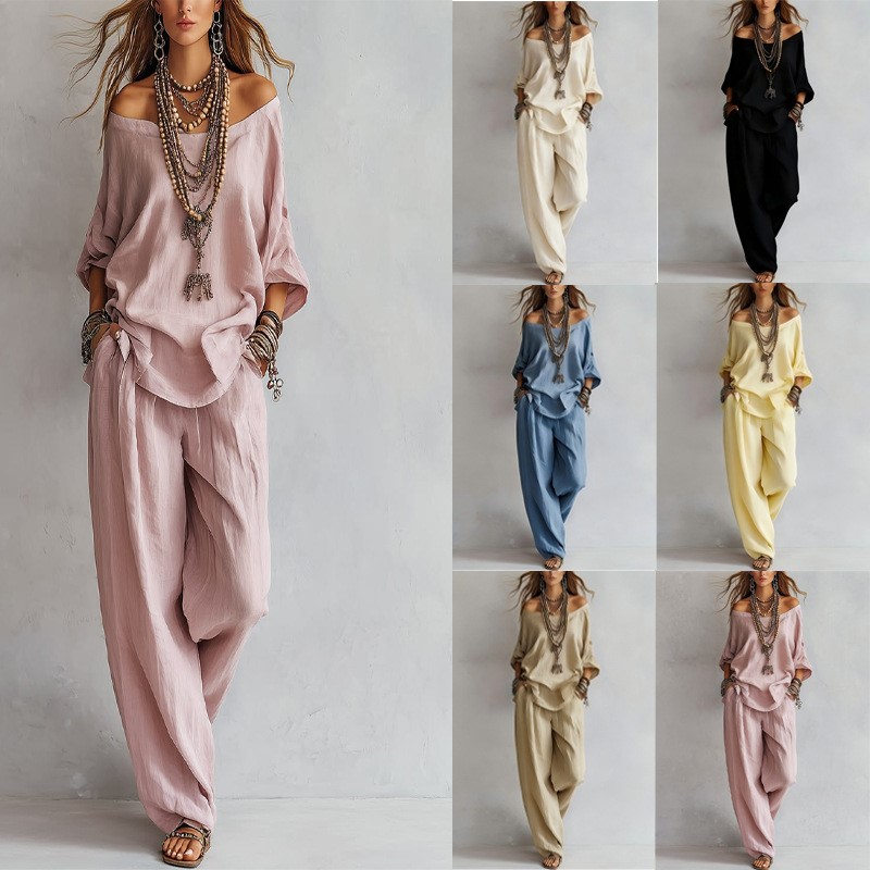Ensemble décontracté deux pièces pour femme, haut à manches trois-quarts et pantalon large à une épaule, en lin uni, nouvelle collection été 2026