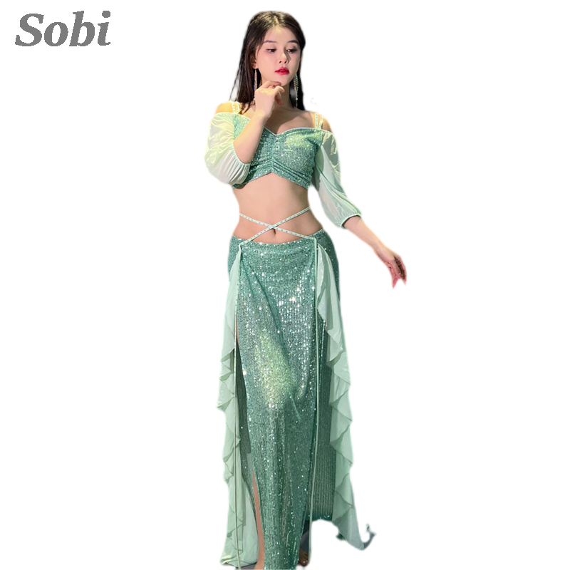 Ensemble de costumes de danse du ventre pour femmes, haut à bretelles Sexy + jupe longue, tenue de classe d'entraînement sirène, vêtements de spectacle de danse du ventre orientale