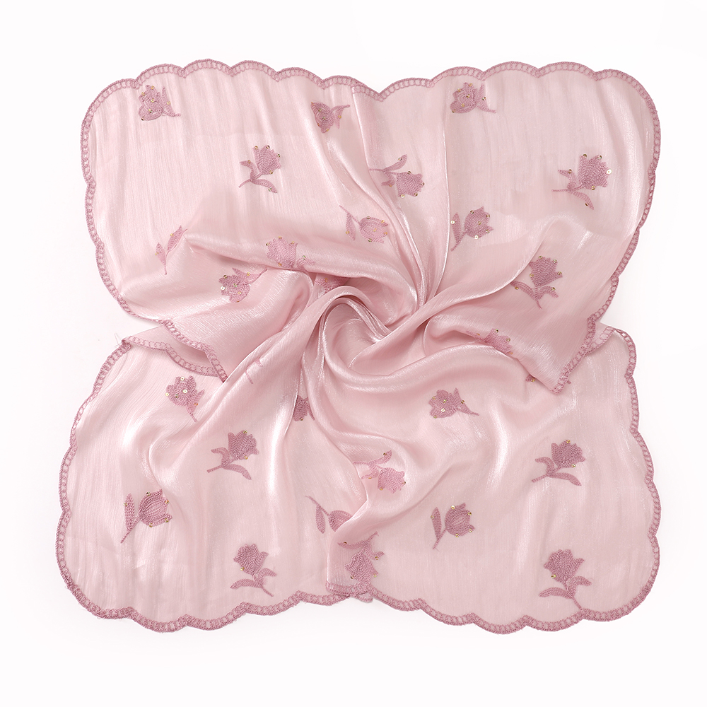 Hijab islamique brodé floral 90*90cm pour femmes, hijab scintillant, léger, en tissu froissé uni