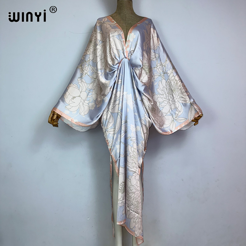 WINYI Nouvelle Robe d'Été à Fente Haute, Sexy et Élégante, Imprimée, pour Femmes, Kaftan Bohème à Manches Longues, Robe de Plage à la Mode pour Dames