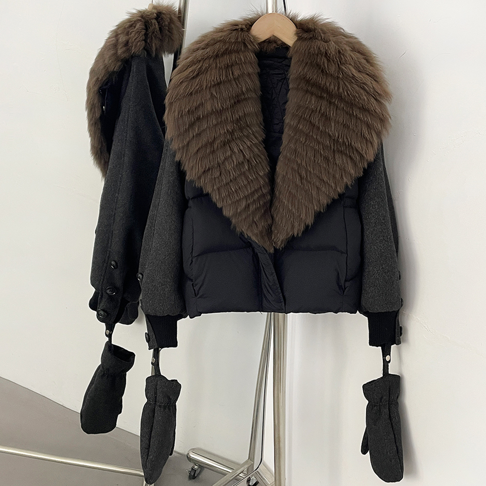Doudoune d'hiver pour femme, chaude et épaisse, en duvet de canard, avec doublure rembourrée, coutures contrastées et col en fourrure véritable