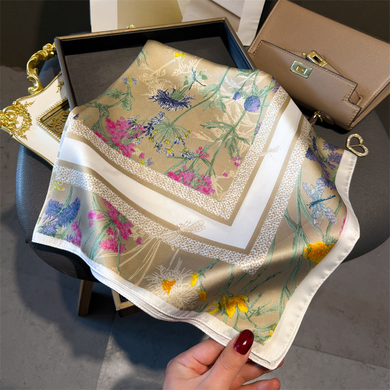 Écharpe carrée florale de luxe 70*70cm pour femmes, élégante, hijab, foulard, châle, en soie unie douce et résistante aux taches, pour les voyages