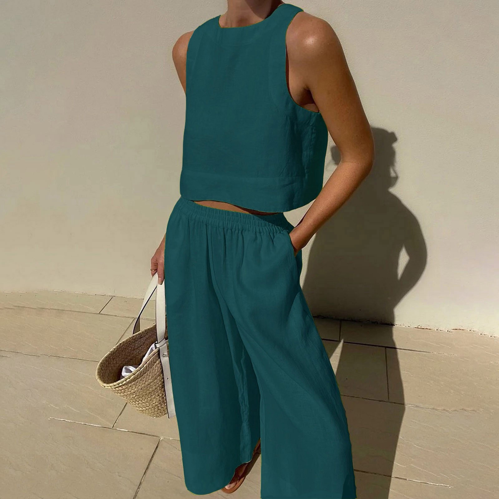 Mode dames pantalons longs 2 pièces ensembles femmes décontracté grand costume ample solide sans manches chemise et pantalon deux femmes costume