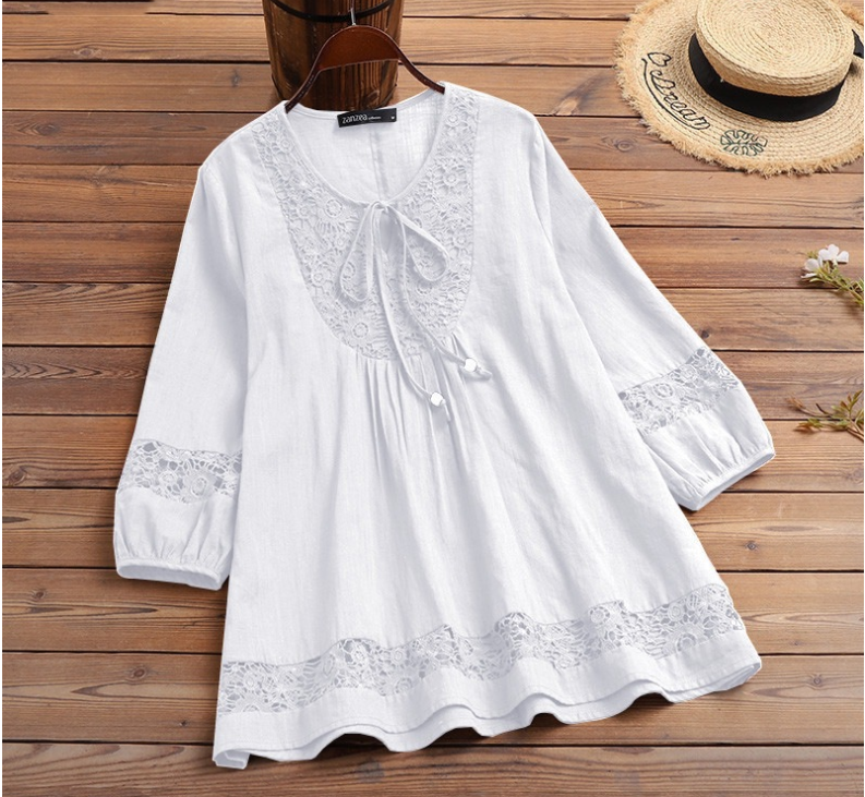 Chemise élégante en dentelle pour femmes, pull ajouré à col rond, à lacets, Style anglais, manches sept-quarts