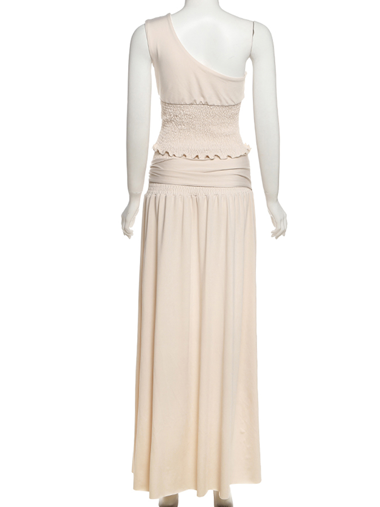 Nibber Solide Ruché Élégant 2 Pièce Ensemble Femmes Oblique Col Dos Nu Crop Tops + Boucle En Métal Décoration Jupes Tenues Correspondantes
