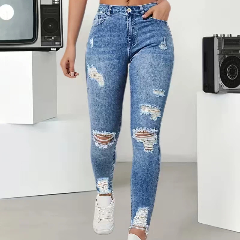 Jeans et pantalons pour femmes, taille haute, déchirés, extensibles, coupe slim, longueur cheville, style européen tendance, confortables