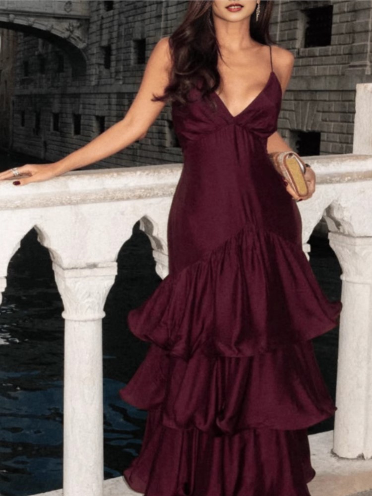 Robe française à taille Tube en V profond pour femmes, robe à bretelles, gâteau, tempérament, Style Simple, Sexy, couleur unie, bretelles Spaghetti