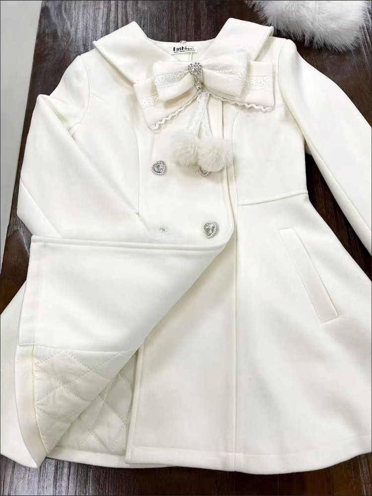 Manteau élégant et mignon pour femmes, style japonais automne-hiver, col en fausse fourrure, manches longues, haut décontracté, style Lolita, avec nœud et boutons, veste chaude et douce.