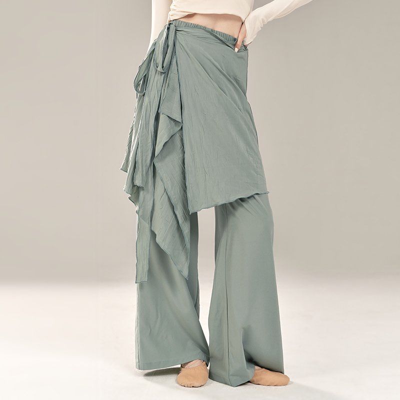 Faux jupe deux pièces pour femmes, pantalon de danse moderne, avec jambes larges, cravate à la taille, taille haute, entraînement élégant, couleur unie