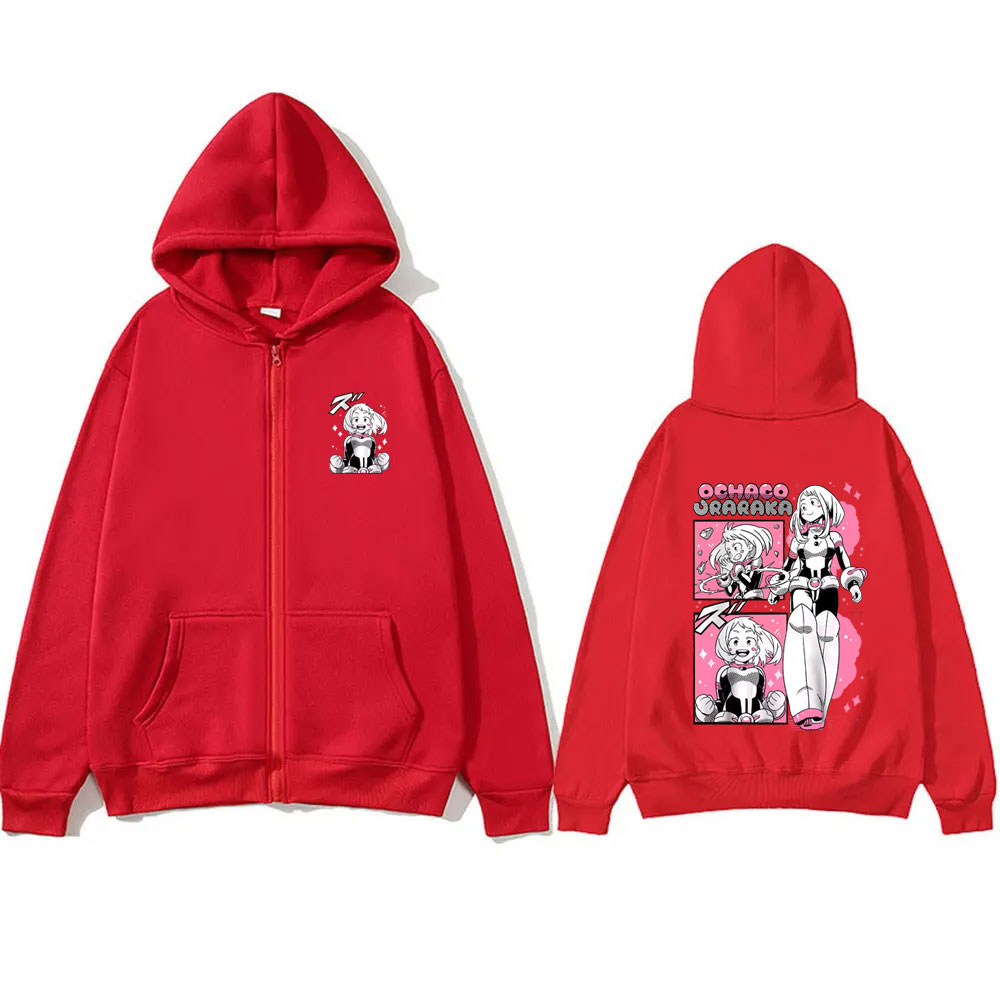 Sweat-shirt à capuche avec fermeture éclair Anime My Hero Academia, veste à fermeture éclair Ochaco Uraraka pour hommes et femmes, Y2k, mignon, Kawaii, surdimensionné