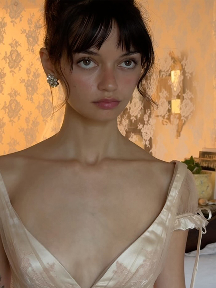 Robe Vintage Chic pour Femme, Col en V Profond, Maille et Satin, Bretelles à Nouer, Nœud au Dos, Ourlet à Volants, Robe Midi, Robe de Soirée pour Invitée Été 2026