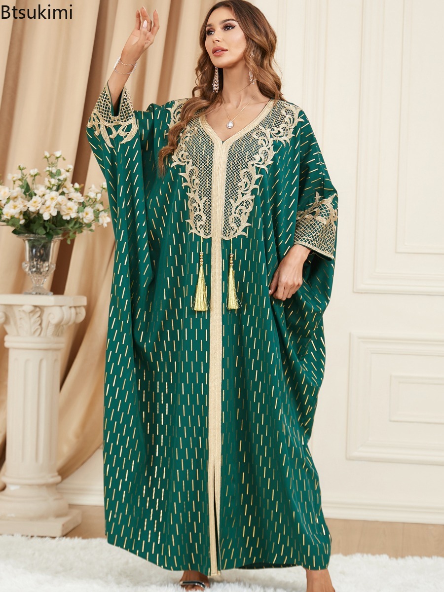 Robes Musulmanes Élégantes pour Femmes, Longue Robe Ample Style Moyen-Orient Dubaï, Abaya à Manches Chauve-Souris, Col en V, Robe de Soirée à Paillettes, Robe de Fête Femme