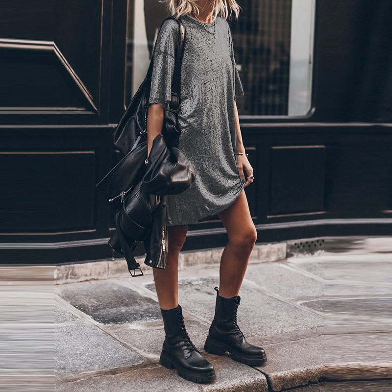 Robe courte de soirée fendue, décontractée, taille haute, ourlet fendu, ample, brillante, mode de rue, T-shirt noir à manches courtes