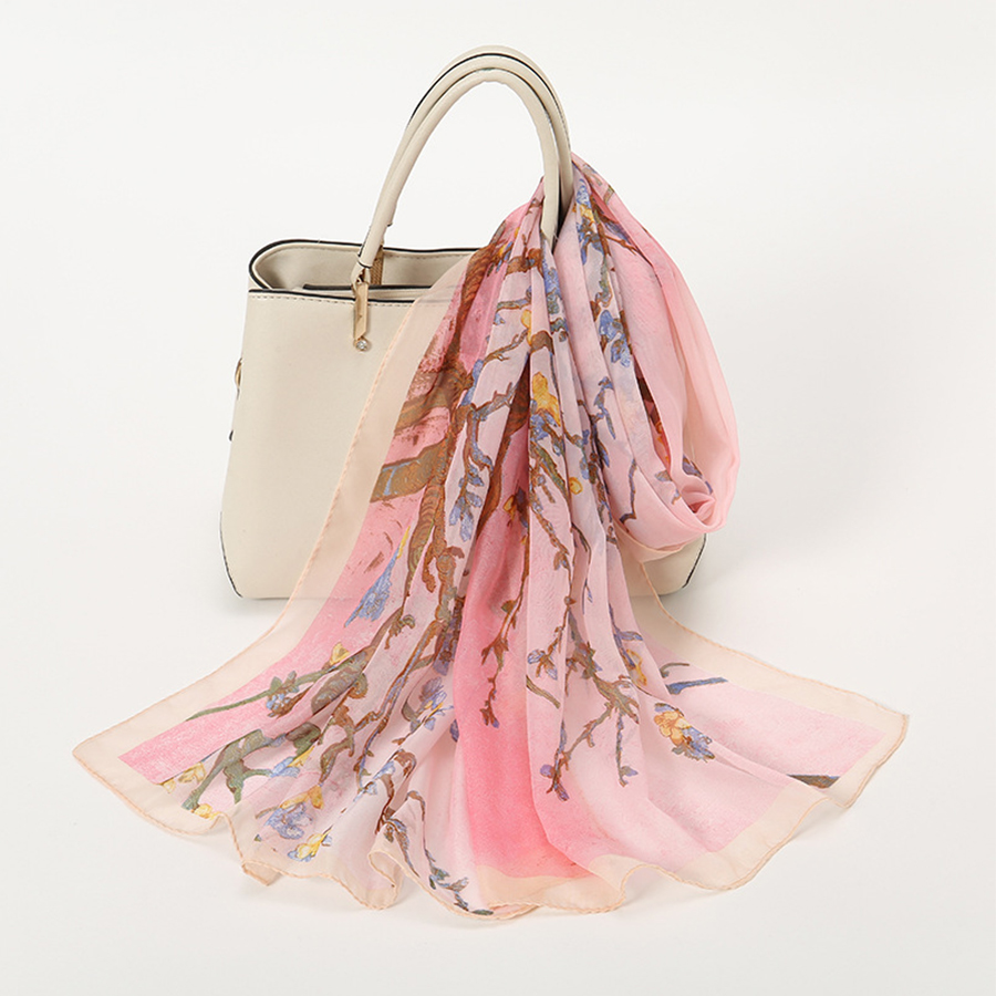 Écharpe en soie pour femmes, motif de fleur de prunier, écharpe longue en gaze, protection solaire, sac à bandoulière, foulard