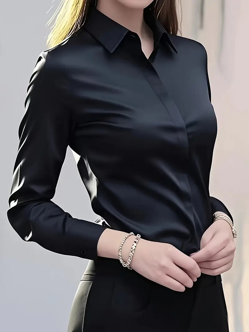 Chemise ajustée à manches longues pour femmes avec col classique, haut de travail polyvalent