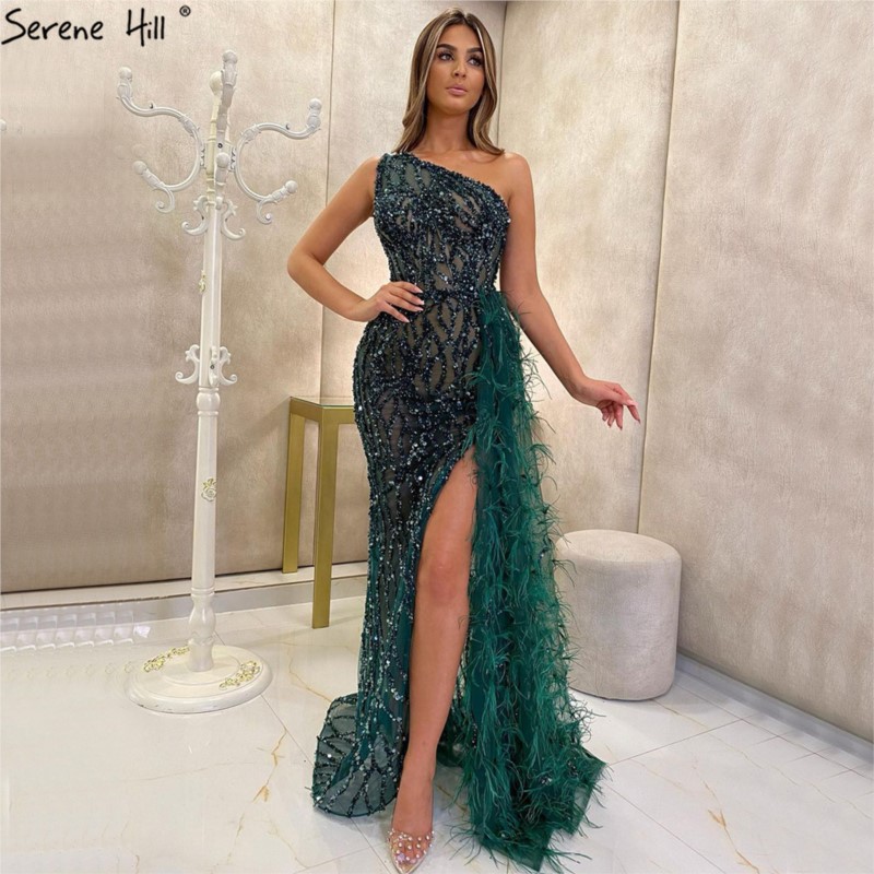 Robe de soirée à paillettes pour femmes, décor de plumes rembourrées, robe maxi fendue haute, solide, document une initiée, taille serrée