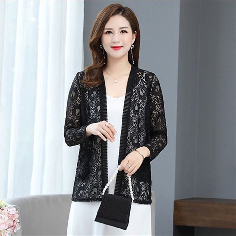 Cardigan à manches longues en dentelle pour femme, veste, châle, grande taille, 6XL, noir, blanc, printemps, été