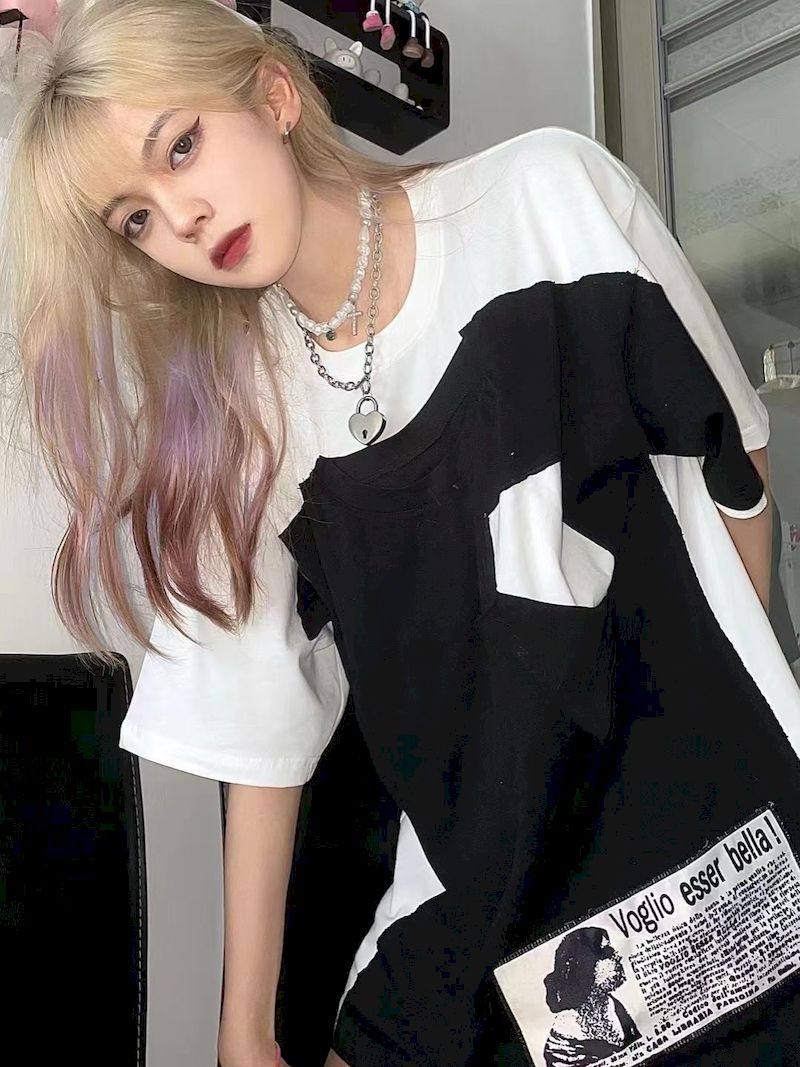 T-shirt patchwork à manches courtes pour hommes et femmes, haut décontracté, noir, blanc, tendance, été, Y2K, mode, 2 pièces