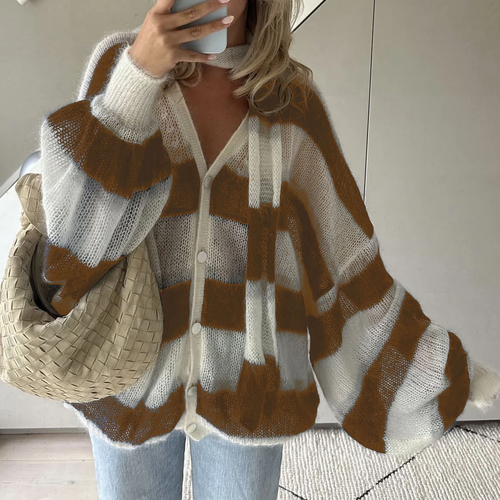 Cardigan à manches lanterne pour femmes, pull rayé avec écharpe, haut rétro pour documents d'abonnés, mode féminine