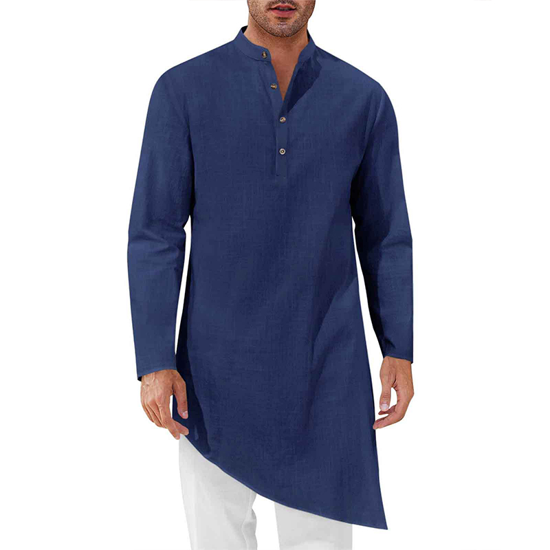 Chemises à manches longues pour hommes musulmans, col mandarin, ourlet irrégulier, couleur unie, vêtements décontractés de style Dubaï, abaya islamique, vêtements ethniques, tailles S-3XL